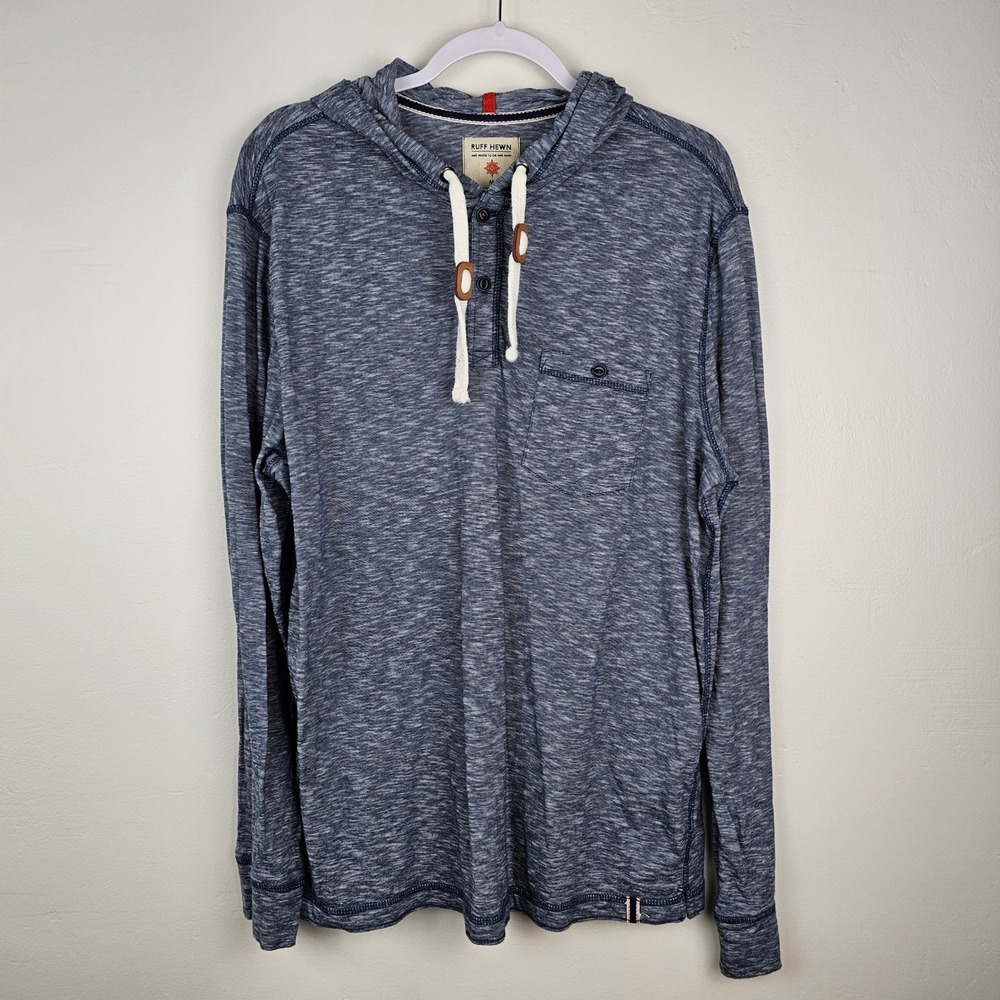 Ruff Hewn Hoodie Men M Blue Henley Pullover Slub Knit Long Sleeve Cotton